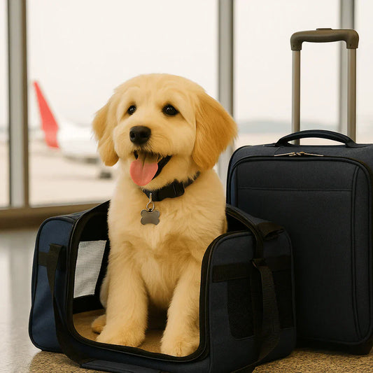Cream-colored dog wearing a navy sweater lying next to a yellow toy ball with colorful bone patterns on a light beige background.