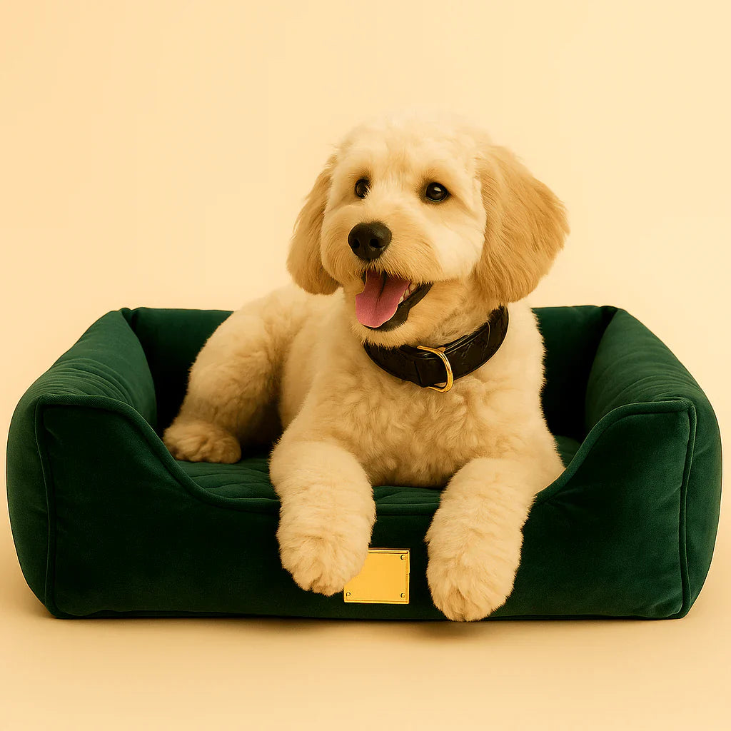 Happy cream-colored Goldendoodle dog resting on a luxurious green velvet pet bed with gold details, against a soft beige background.