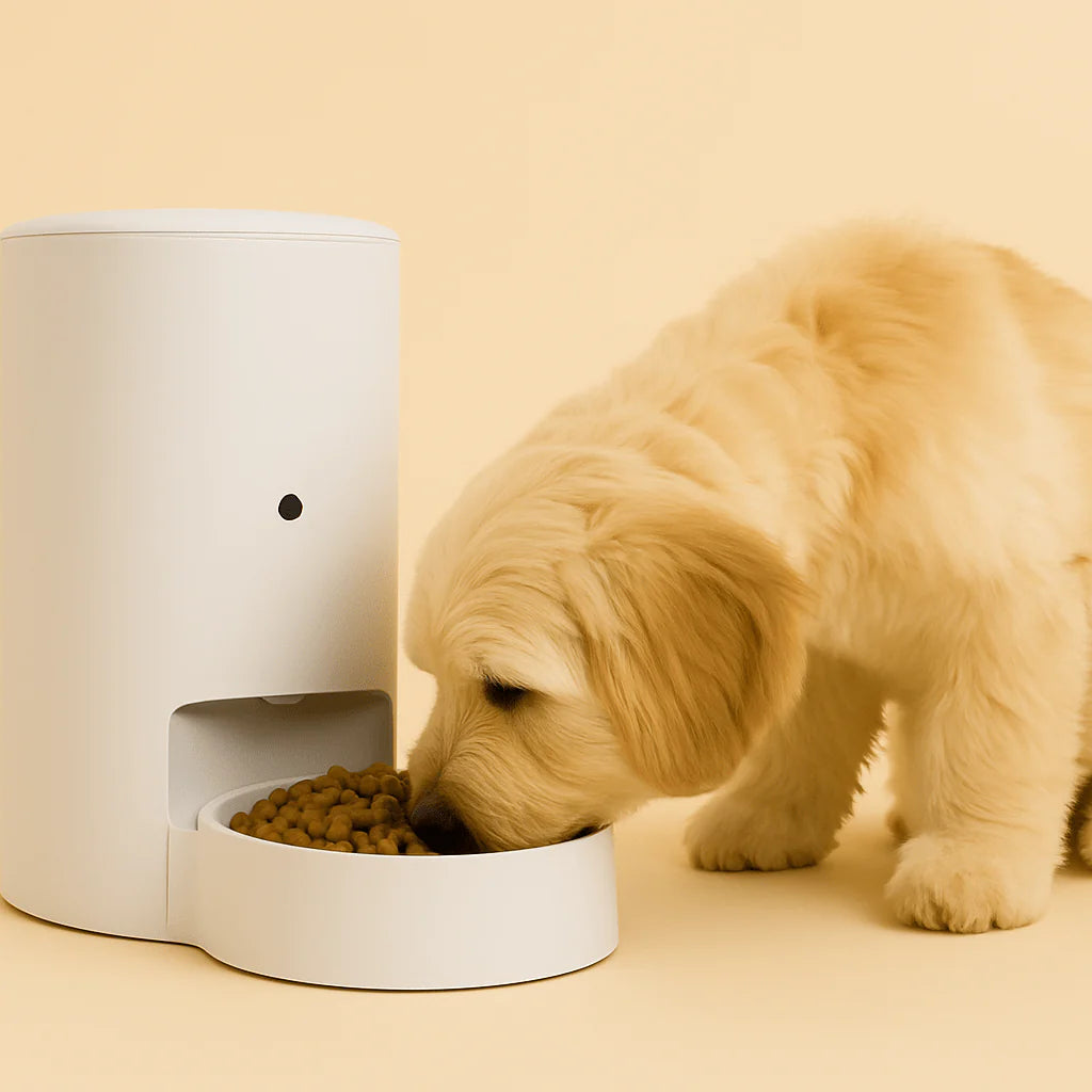 Cream-colored dog eating from a modern automatic pet feeder on a light background