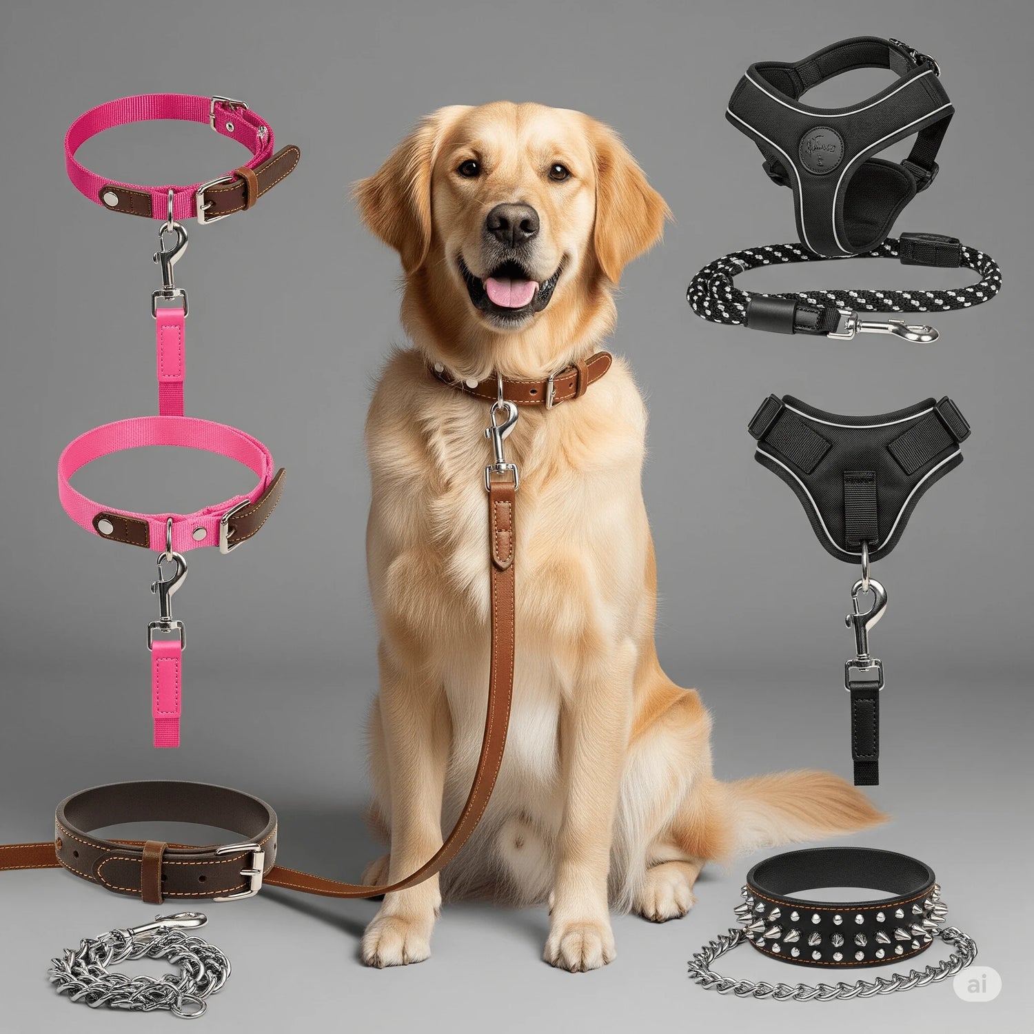 A happy Golden Retriever dog wearing a brown leather collar and leash, surrounded by various dog accessories like pink collars, black harnesses, a studded collar, and a chain leash, on a grey background.