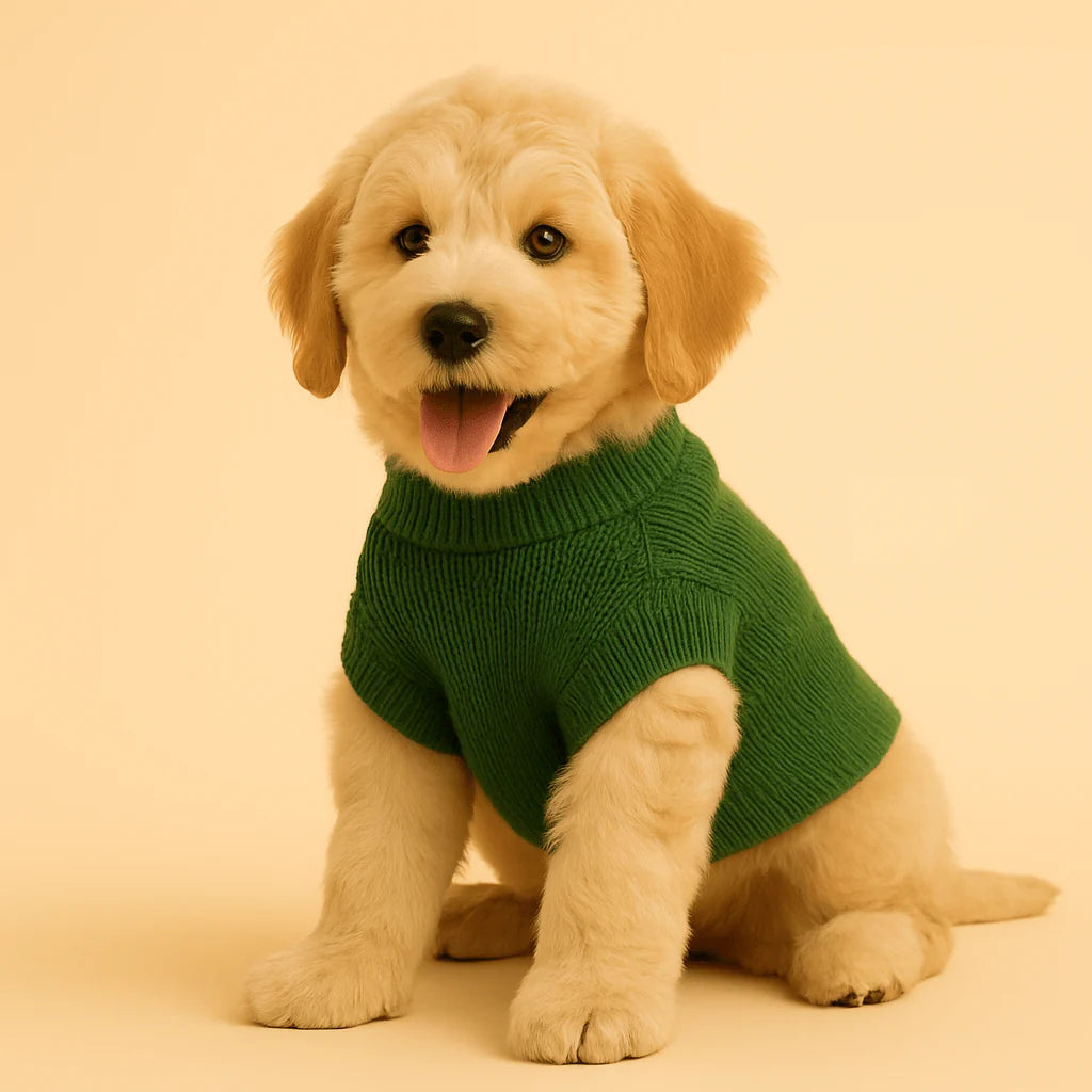 An adorable Golden Retriever puppy wearing a cozy green knitted sweater, sitting and looking at the camera with its tongue slightly out.