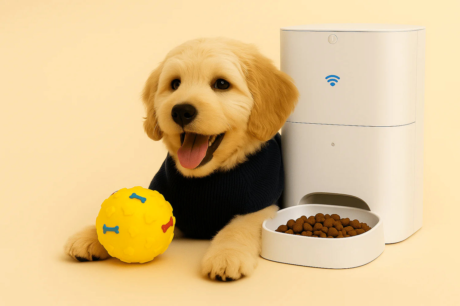Golden doodle puppy wearing a stylish navy sweater, playing with a colorful toy ball – featured pet product collection banner at ExitedWags.