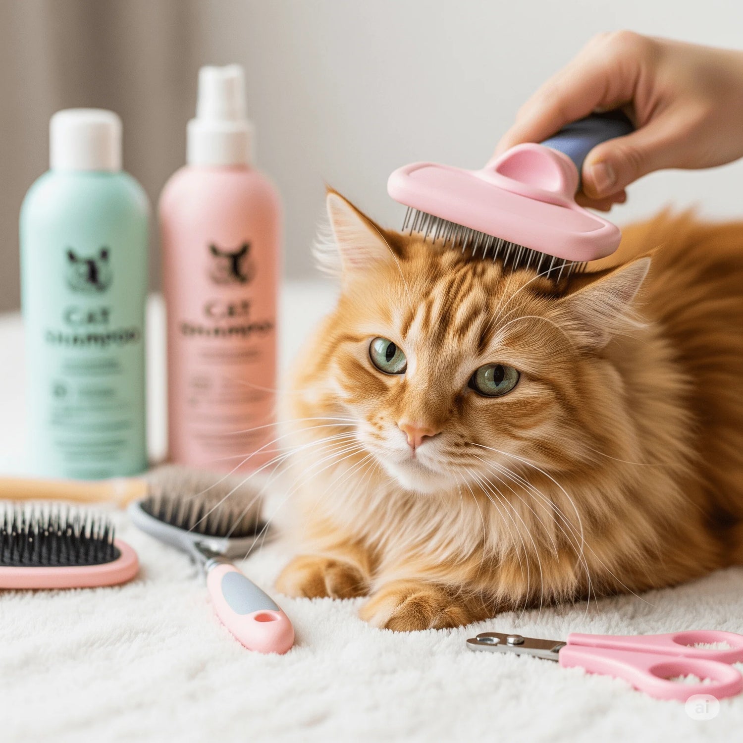 A hand is brushing the head of a fluffy orange cat with green eyes using a pink pet grooming brush. Various cat grooming products, including bottles of cat shampoo and other brushes, are visible in the background.
